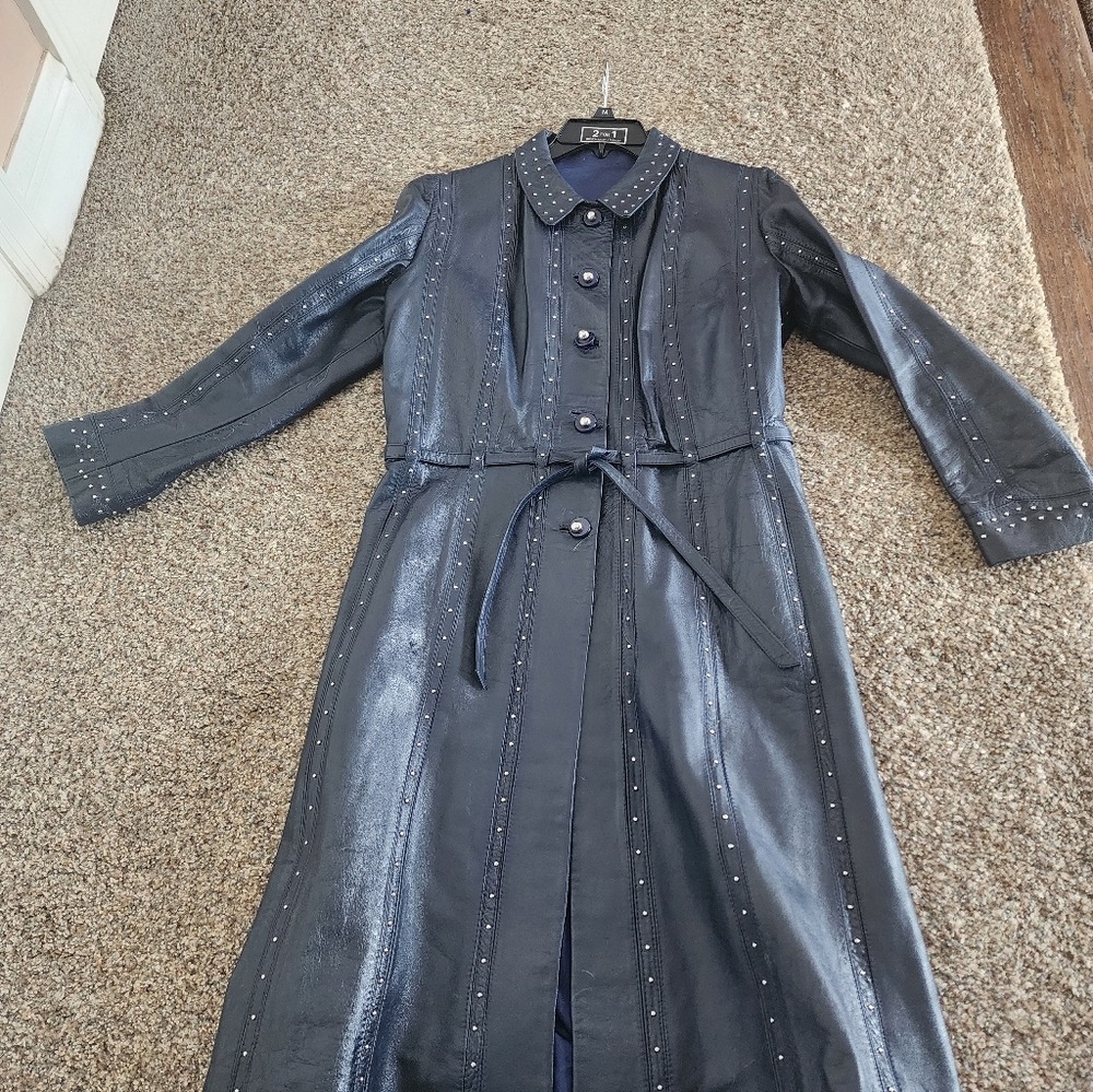 Chic Navy Blue, Gamolin Of Barcelona Vintage Leather Studded Women's Trench Coat - Picture 10 of 16